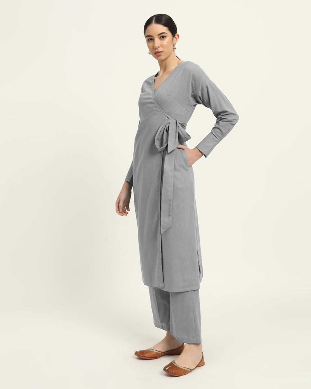 Iced Grey Ribbon Wrap Solid Co-ord Set
