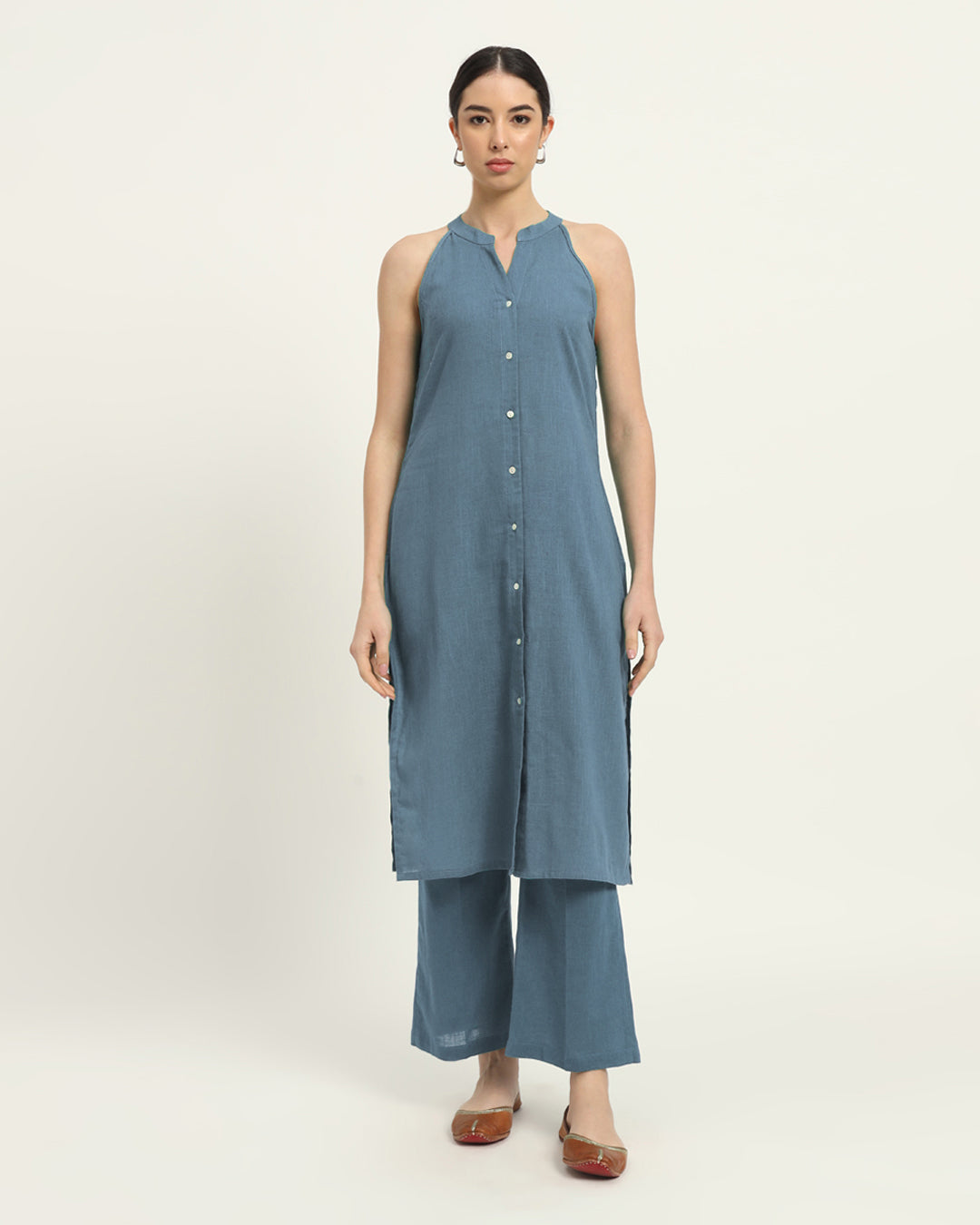 Blue Dawn Mermaid Button Down Solid Kurta (Without Bottoms)