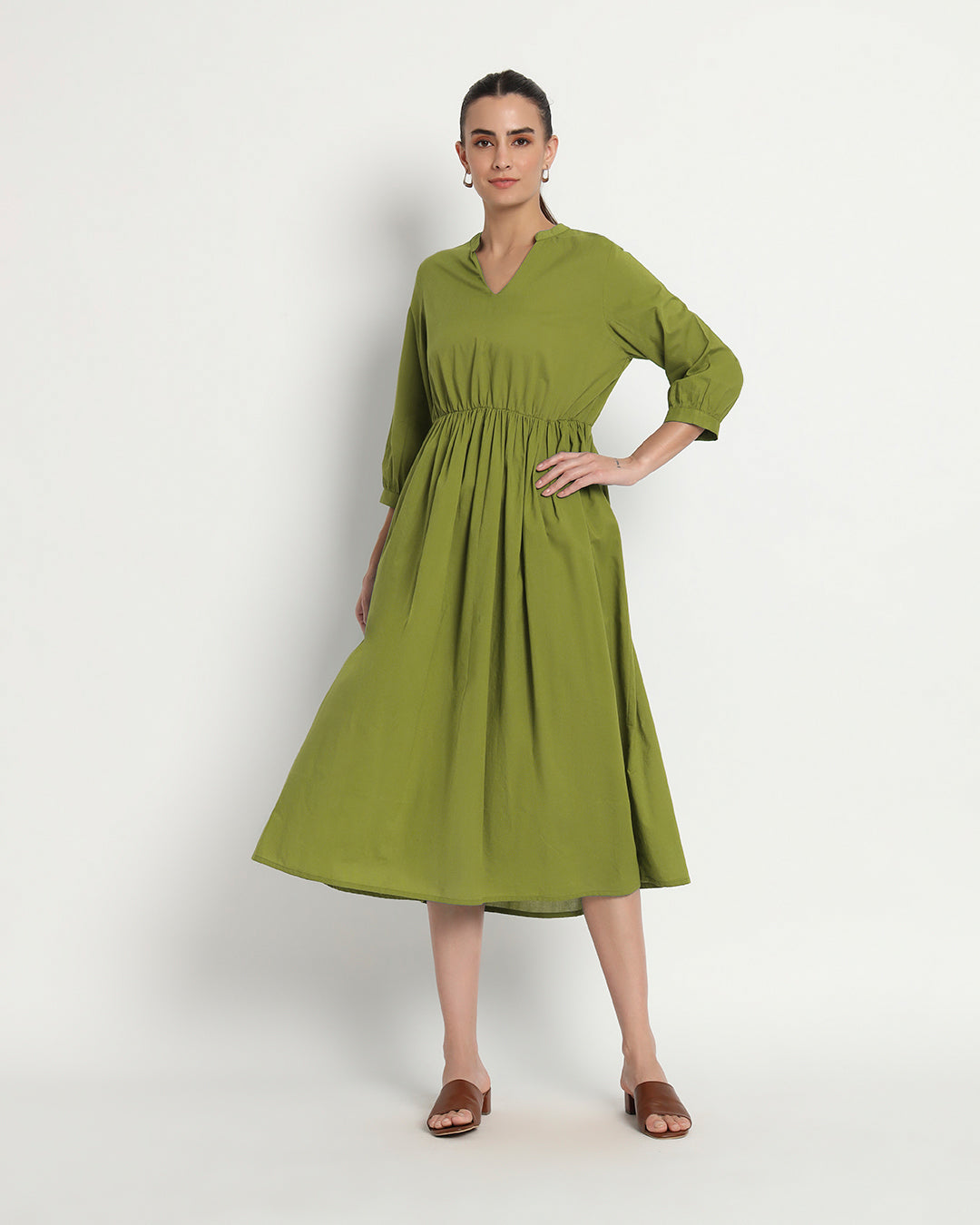 Sage Green Gathered V-Neck Stretch Dress
