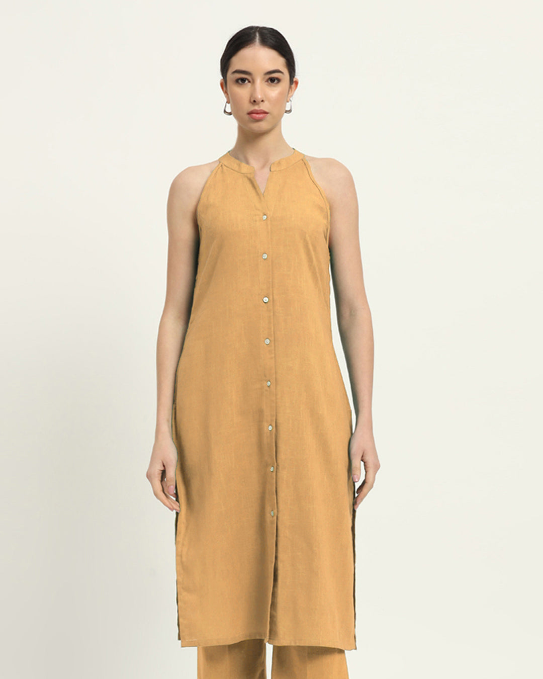 Beige Mermaid Button Down Solid Kurta (Without Bottoms)