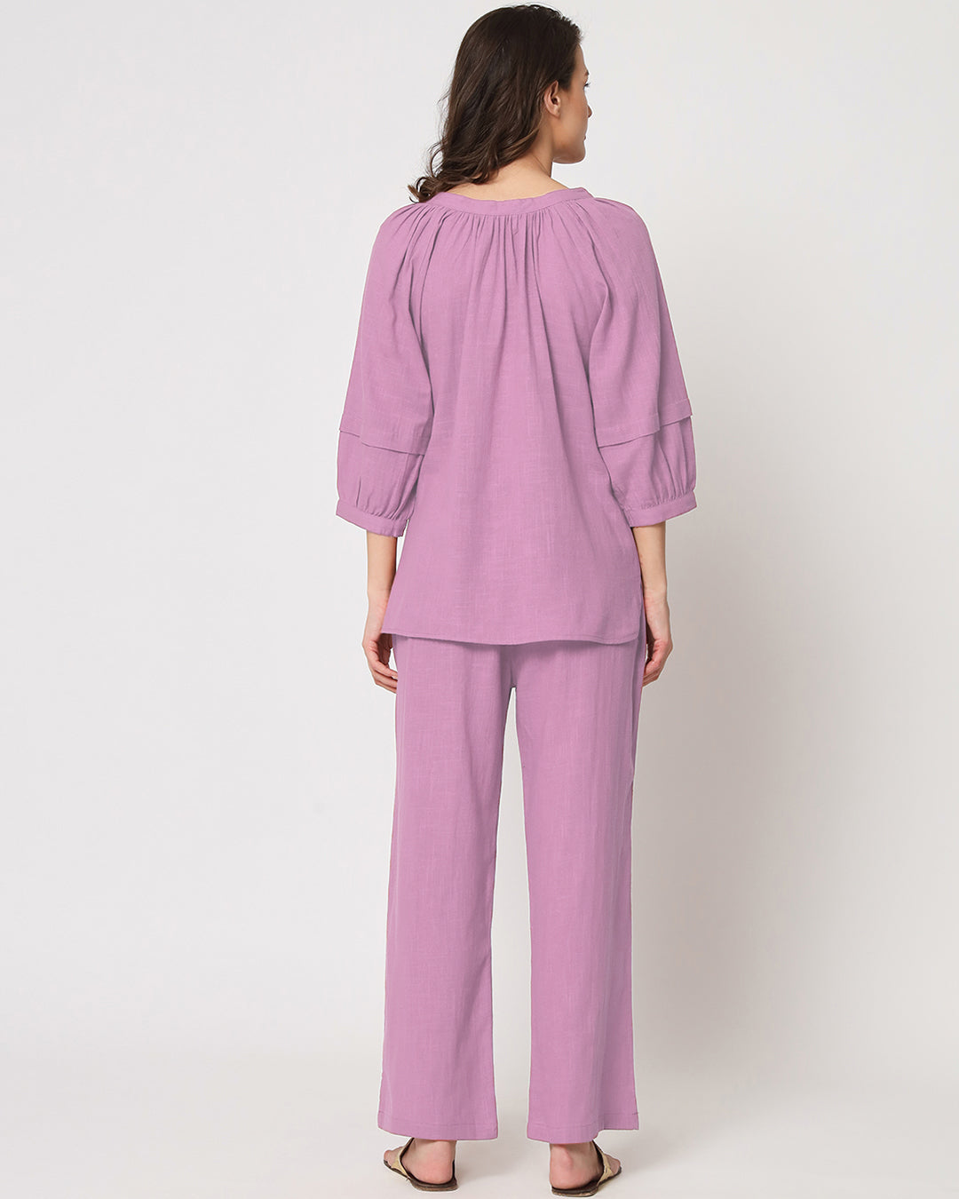 Iris Pink Button Neck Solid Top (Without Bottoms)