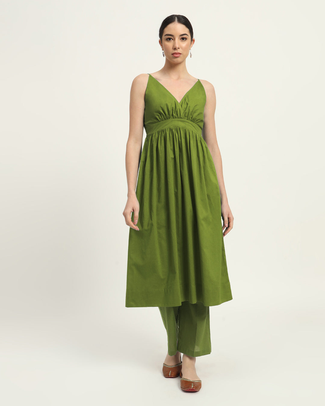 Sage Green Vogue Spaghetti Gathered Solid Co-ord Set