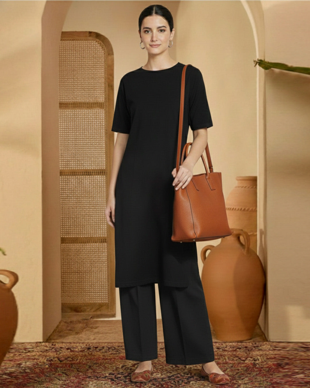 Black Rayon Round Neck Long co-ord Set