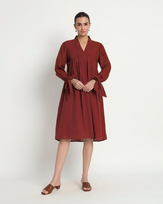 Russet Red Bowtiful Gathering V Neck Dress