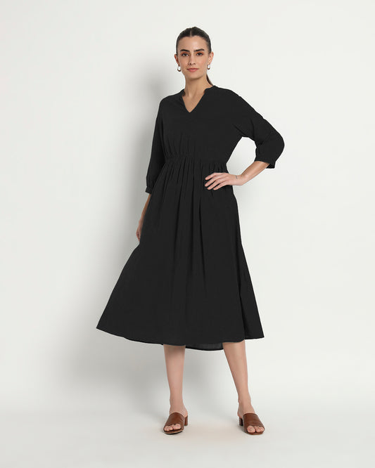 Classic Black Gathered V-Neck Stretch Dress