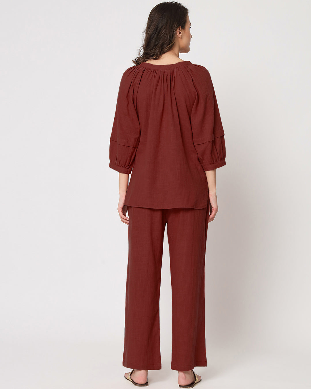 Russet Red Button Neck Solid Top (Without Bottoms)