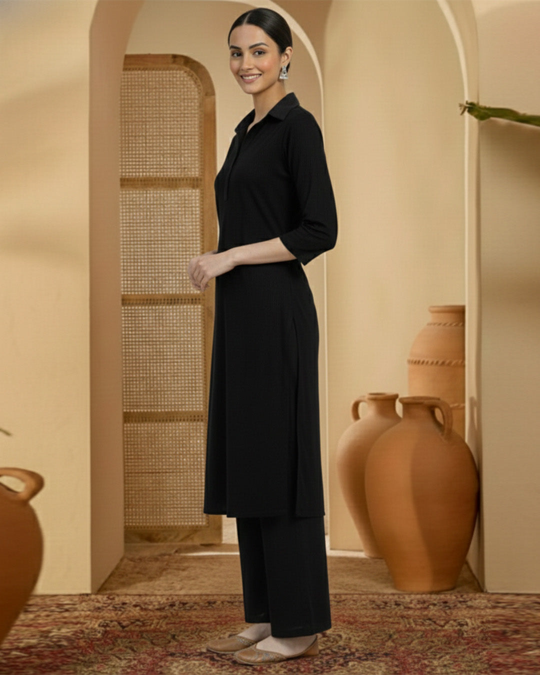 Black Rayon Collar Comfort Co-ord Set