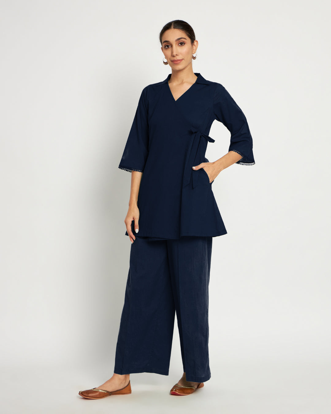 Midnight Blue Collar Neck Angrakha Solid Co-ord Set