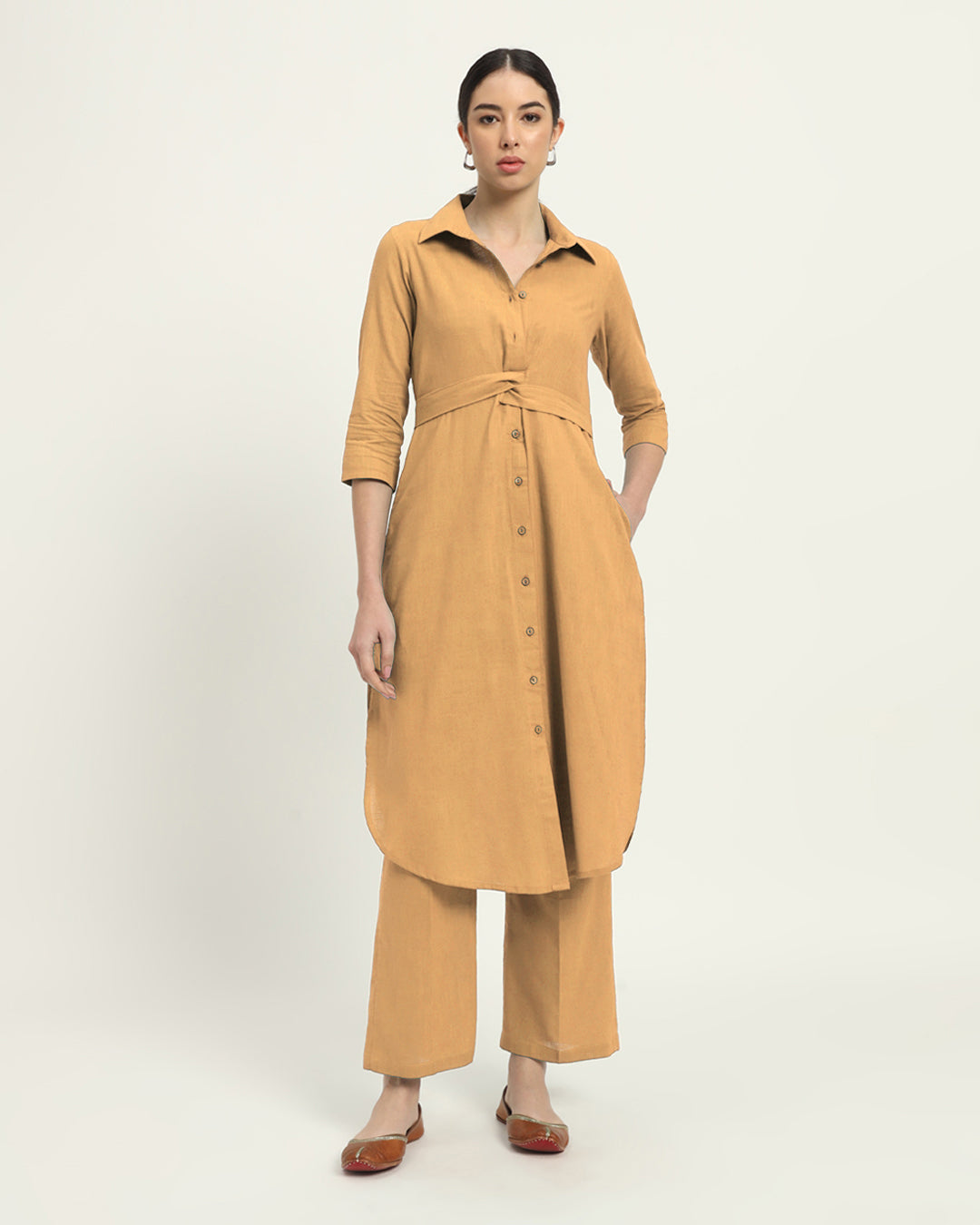 Beige Bellisimo Belted Solid Kurta (Without Bottoms)