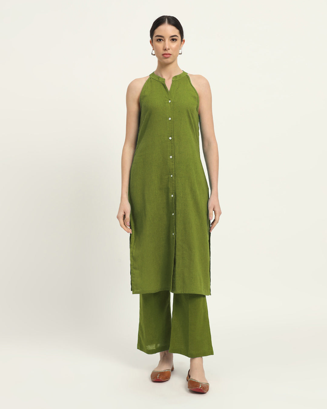 Sage Green Mermaid Button Down Solid Kurta (Without Bottoms)