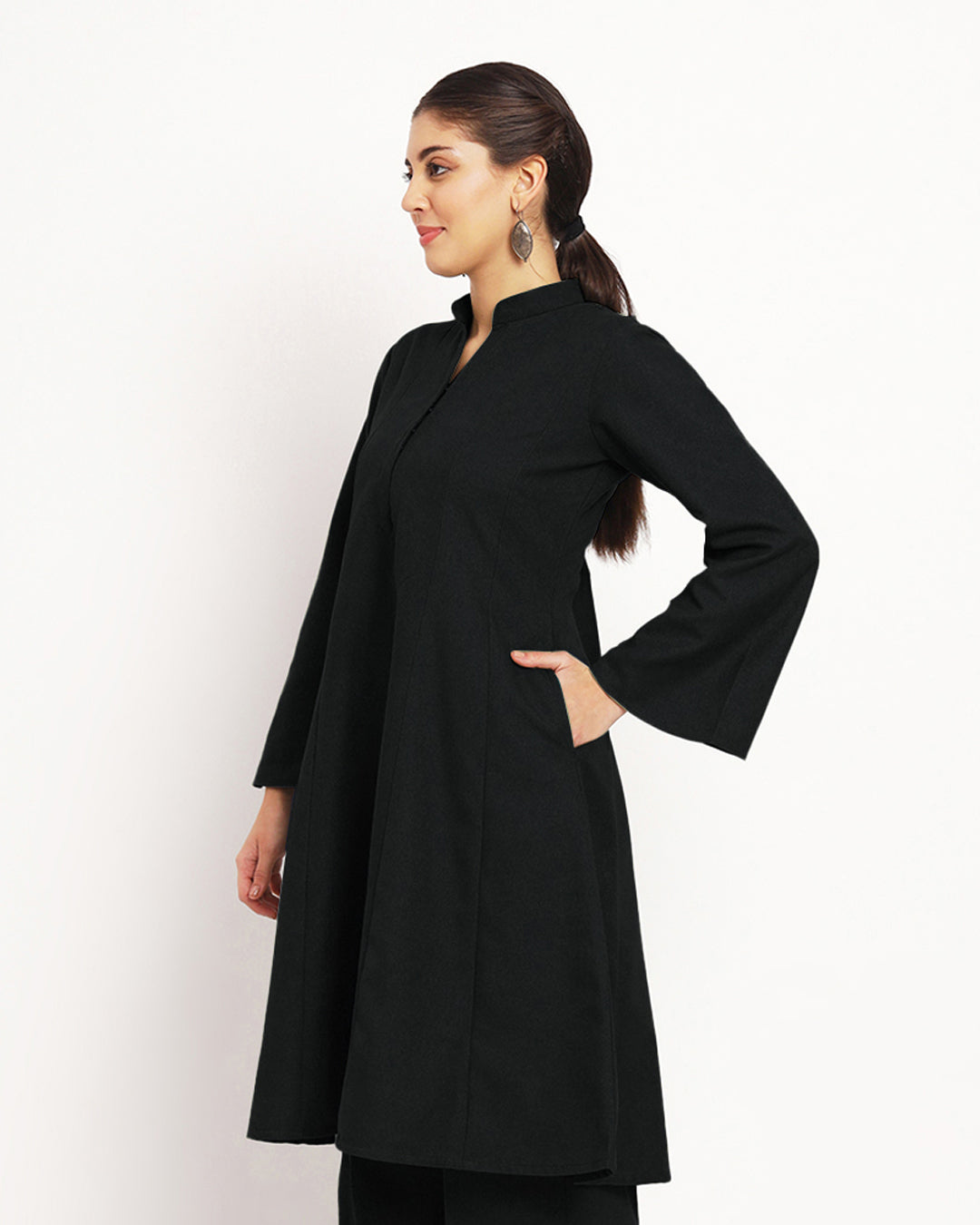 Black Flared Woolen Kurta (Without Bottoms)