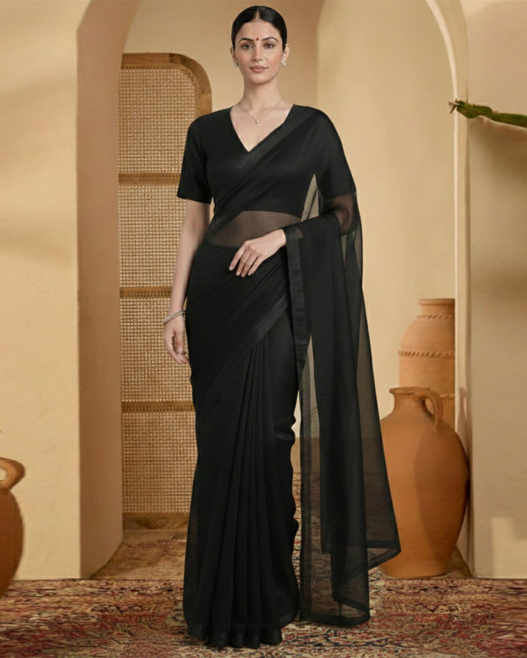 Silk Black Deep V Blouse