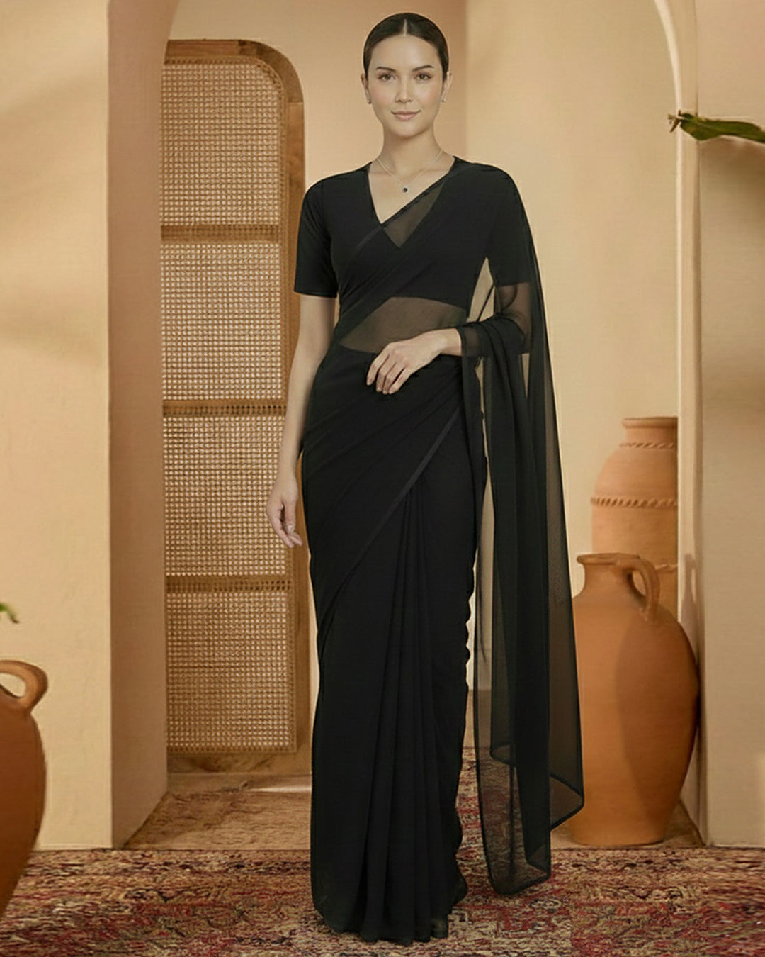 Black Rayon Deep V Blouse