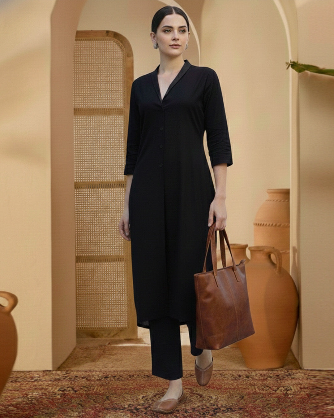 Black Rayon Button Bliss Co-ord Set