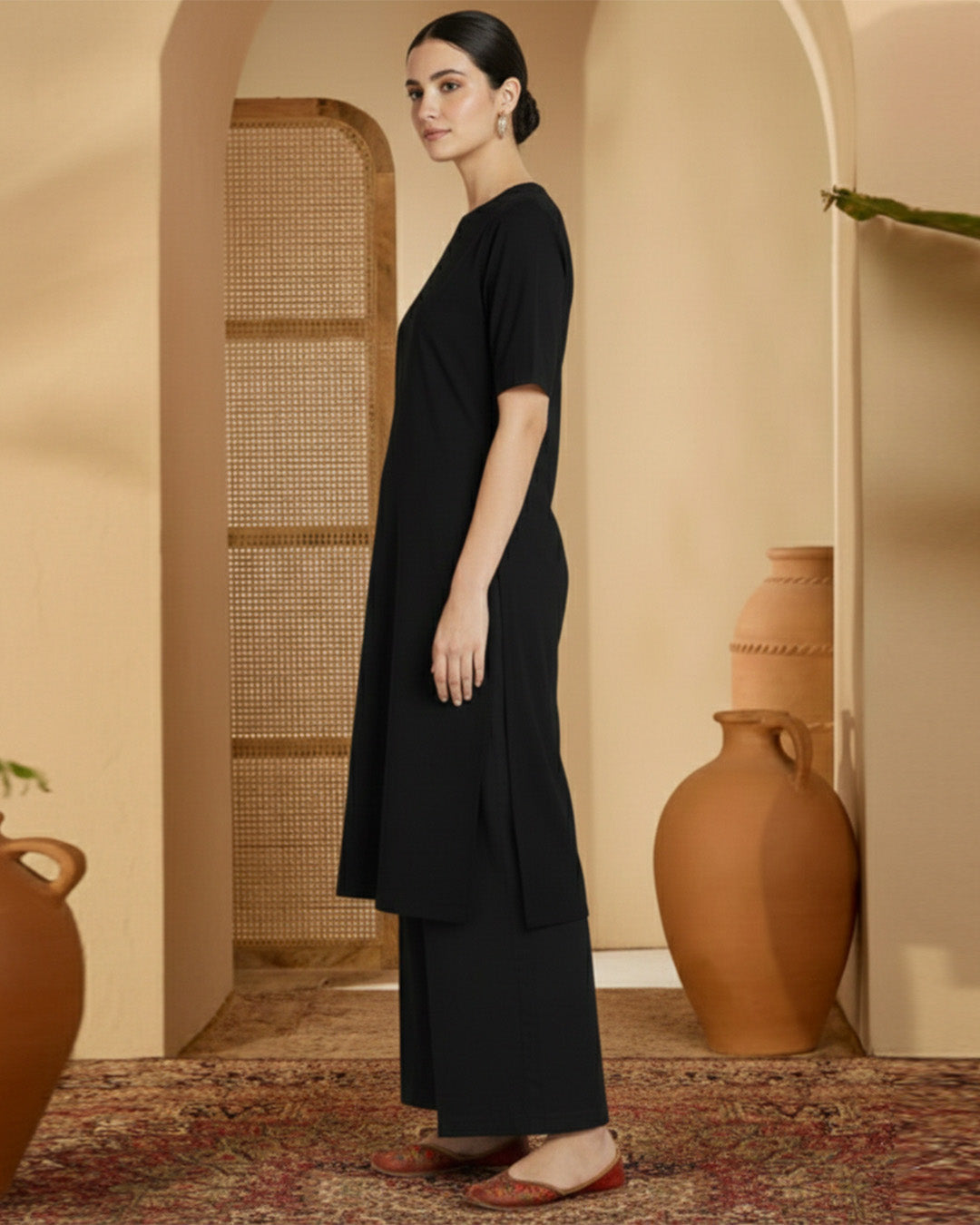 Black Rayon Round Neck Long co-ord Set