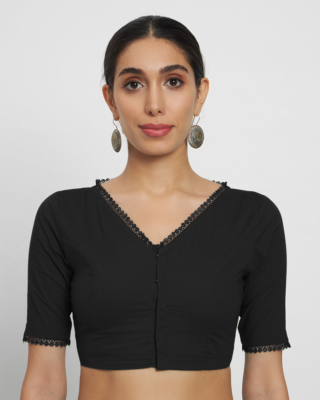 Combo: Classic Black & Queen's Gulabi V Neck Lace Medley Blouse- Set of 2