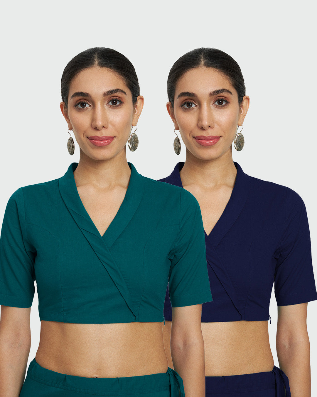 Combo: Midnight Blue & Deep Teal Wrap Fusion Blouse- Set of 2.
