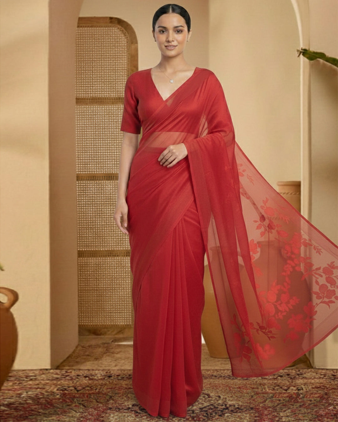 Silk Red Deep V Blouse