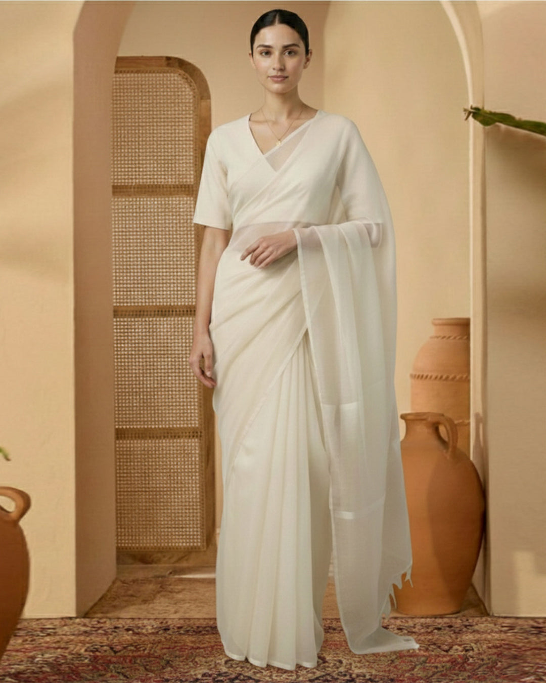 Silk Cream Deep V Blouse