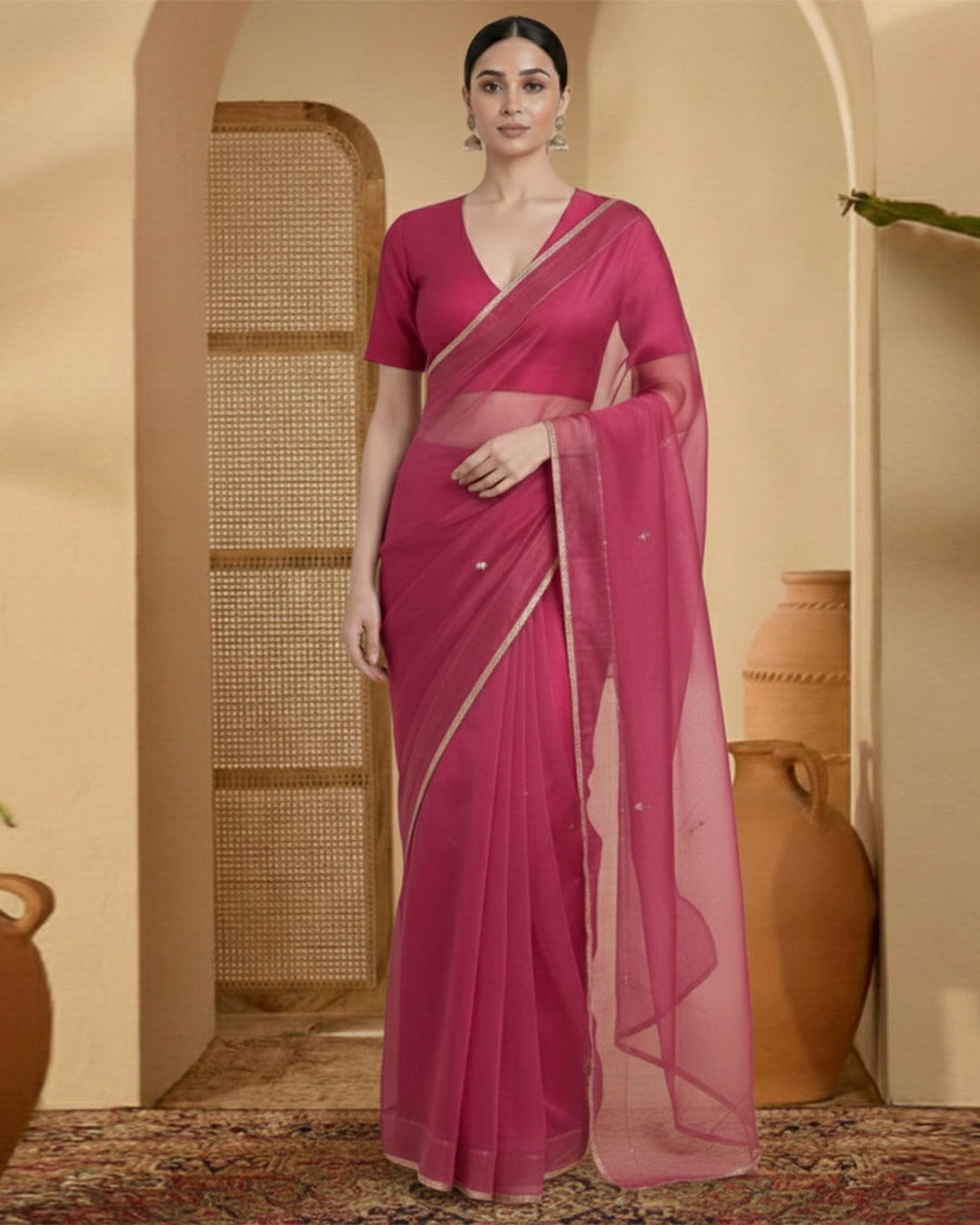 Silk Pink Deep V Blouse