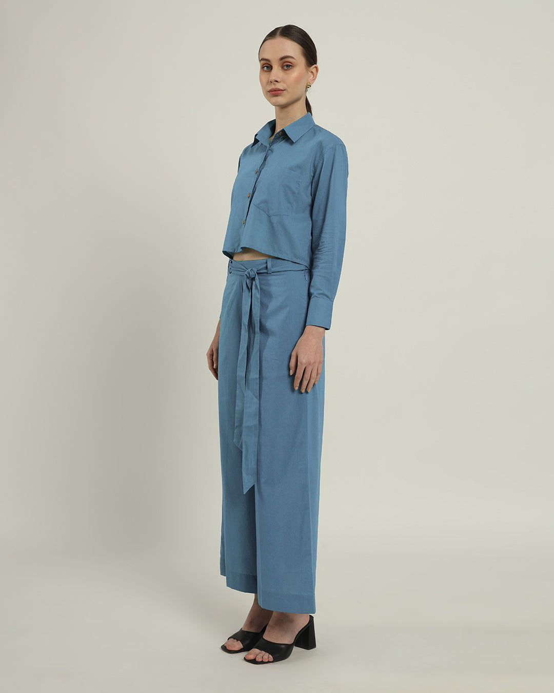 Blue Dawn Knot & Crop Shirt Solid Co-ord Set