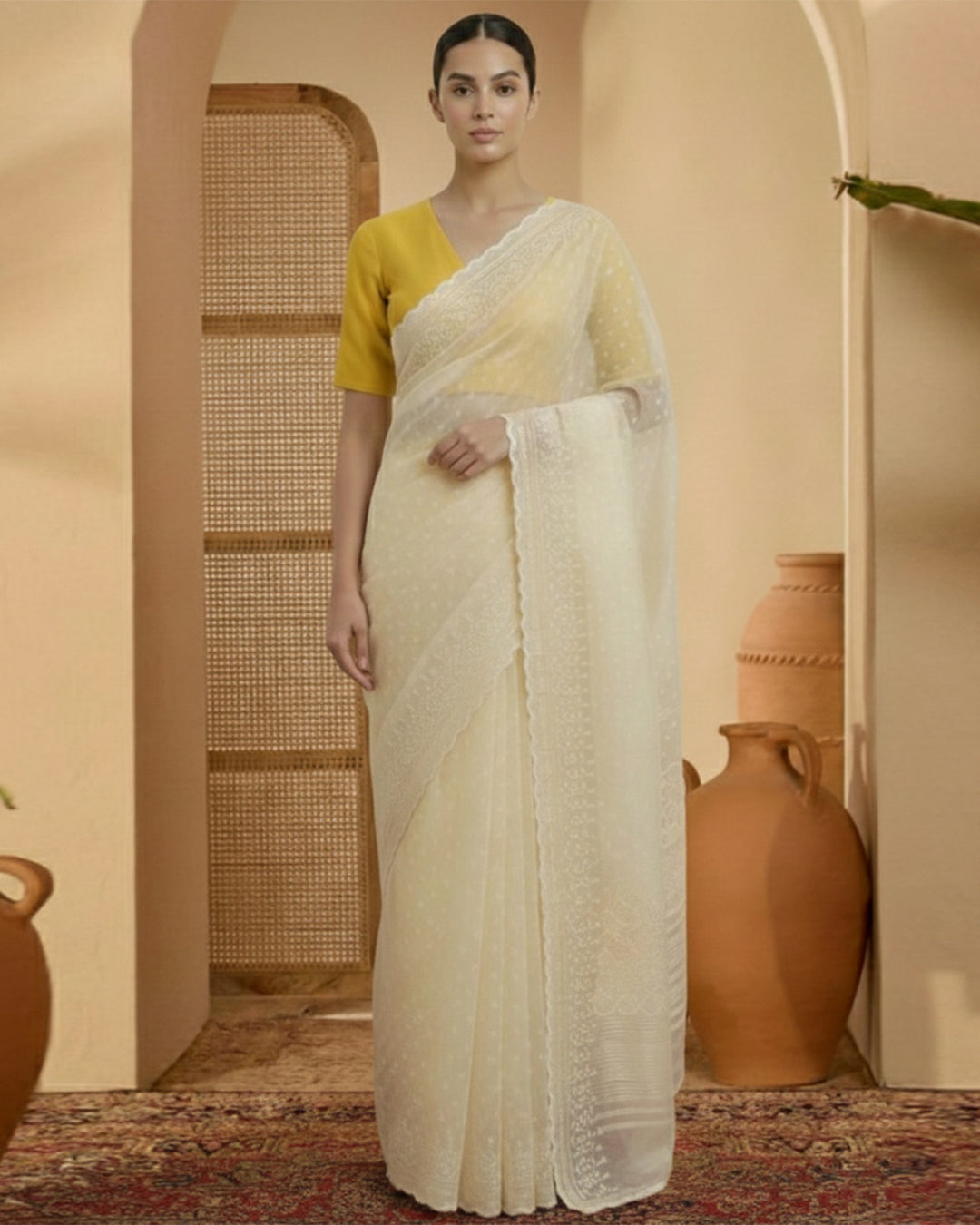 Silk Yellow Deep V Blouse