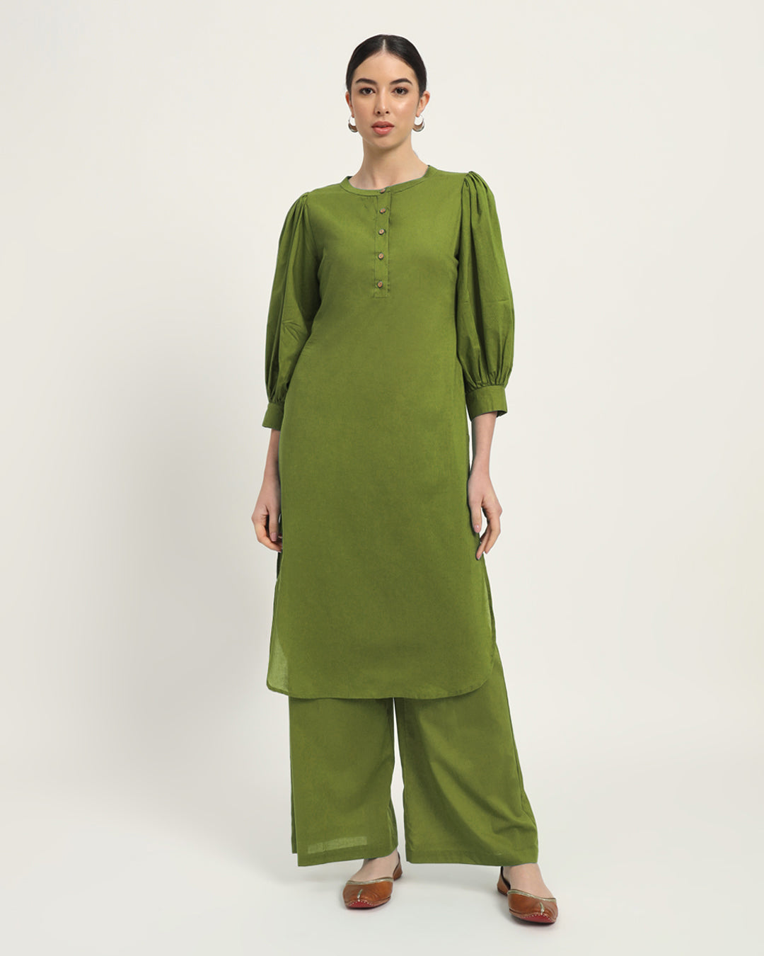 Sage Green Balloon Breeze Pot Neck Solid Co-ord Set