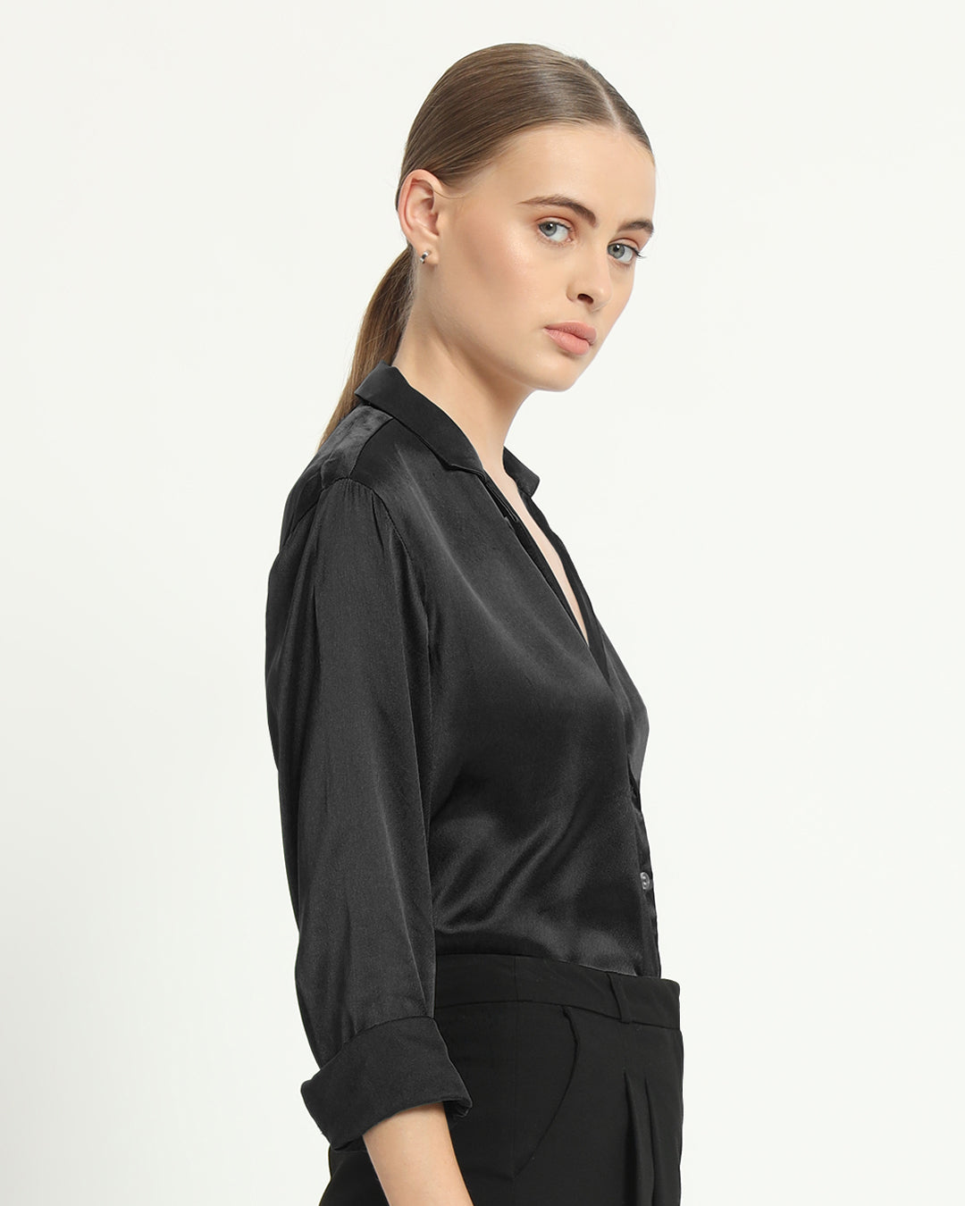 Satin Tailored Collar Black Shirt