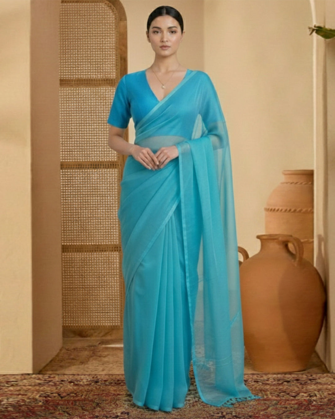 Silk Firozi Deep V Blouse