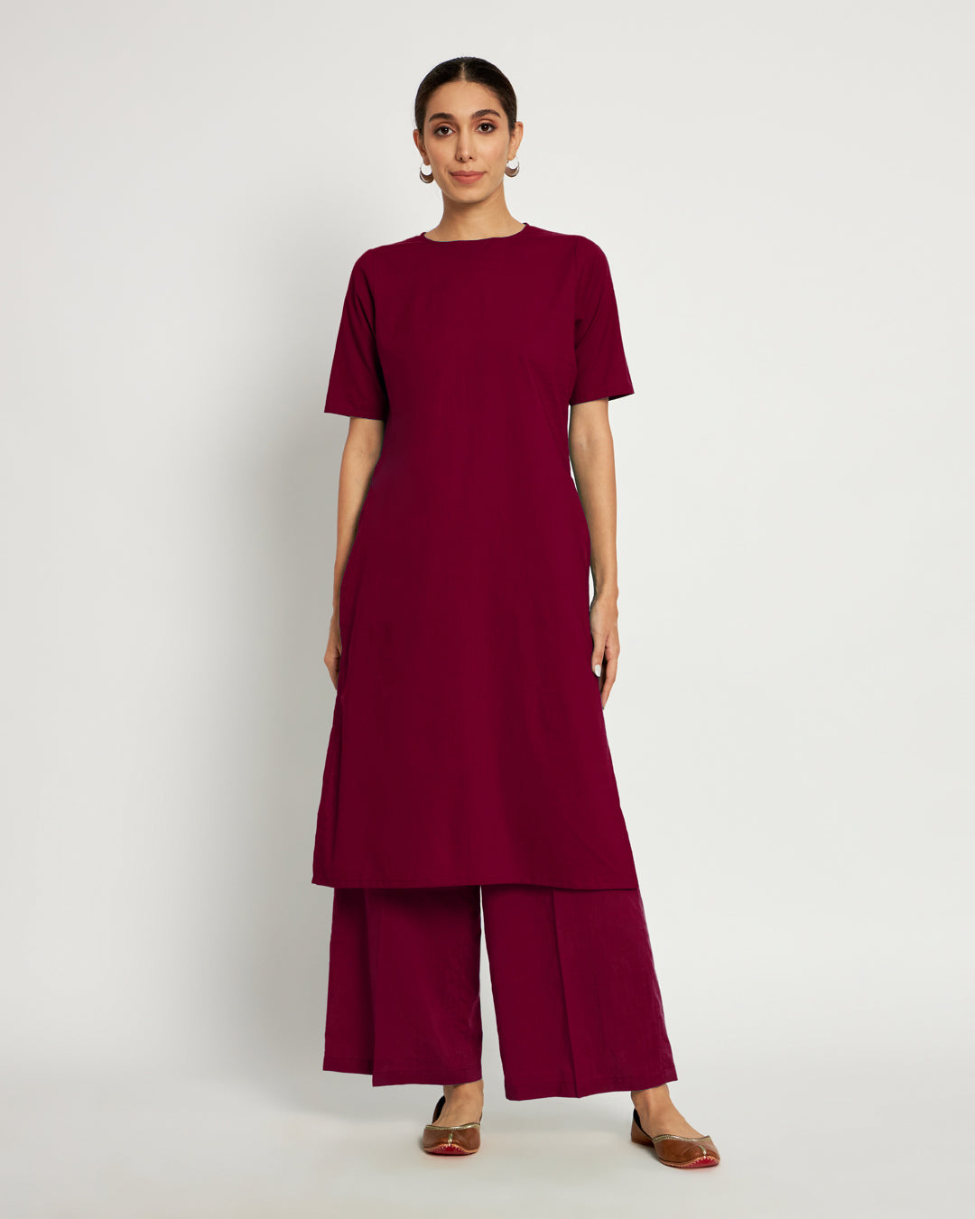 Russet Red Round Neck Long Solid Co-ord Set