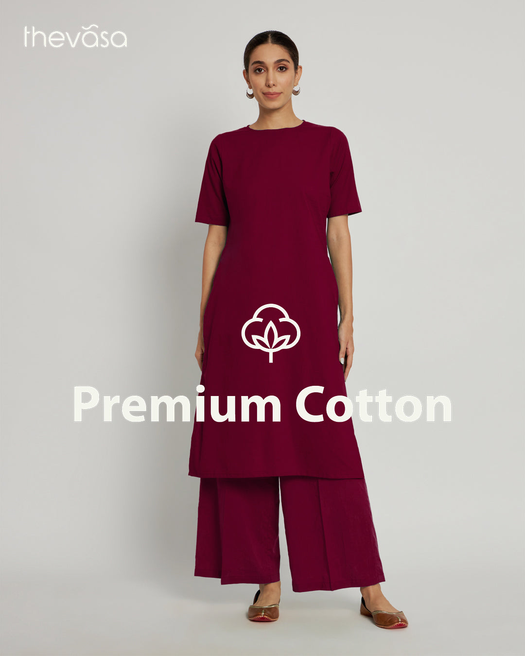 Russet Red Round Neck Long Solid Co-ord Set