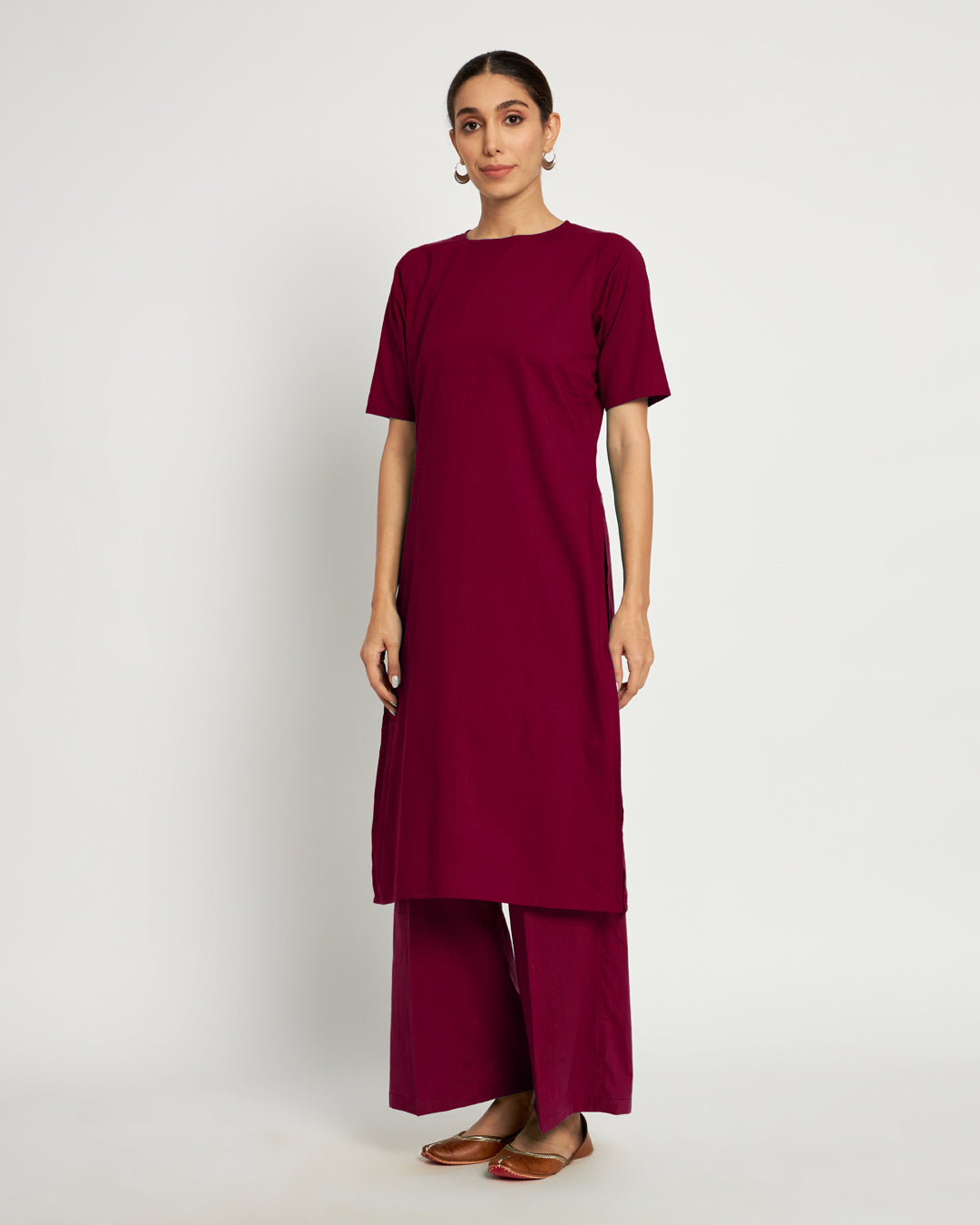 Russet Red Round Neck Long Solid Co-ord Set