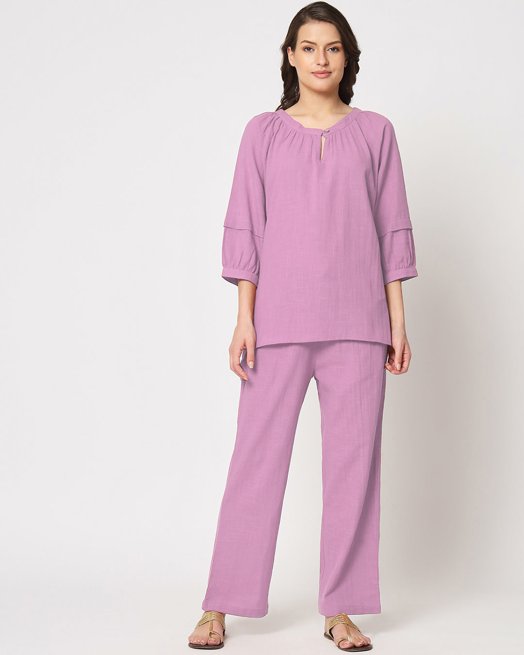 Iris Pink Button Neck Solid Co-ord Set