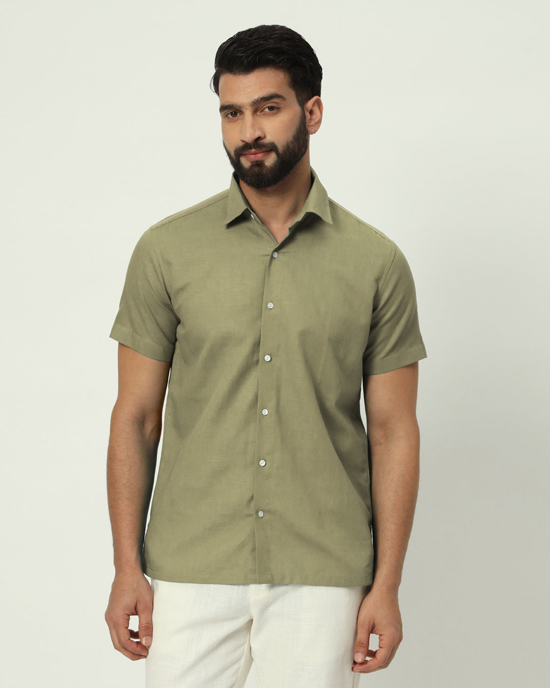 Olive Regular Fit Half Sleeves Linen Men's Shirt