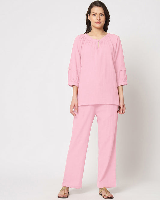 Pink Mist Button Neck Solid Top (Without Bottoms)