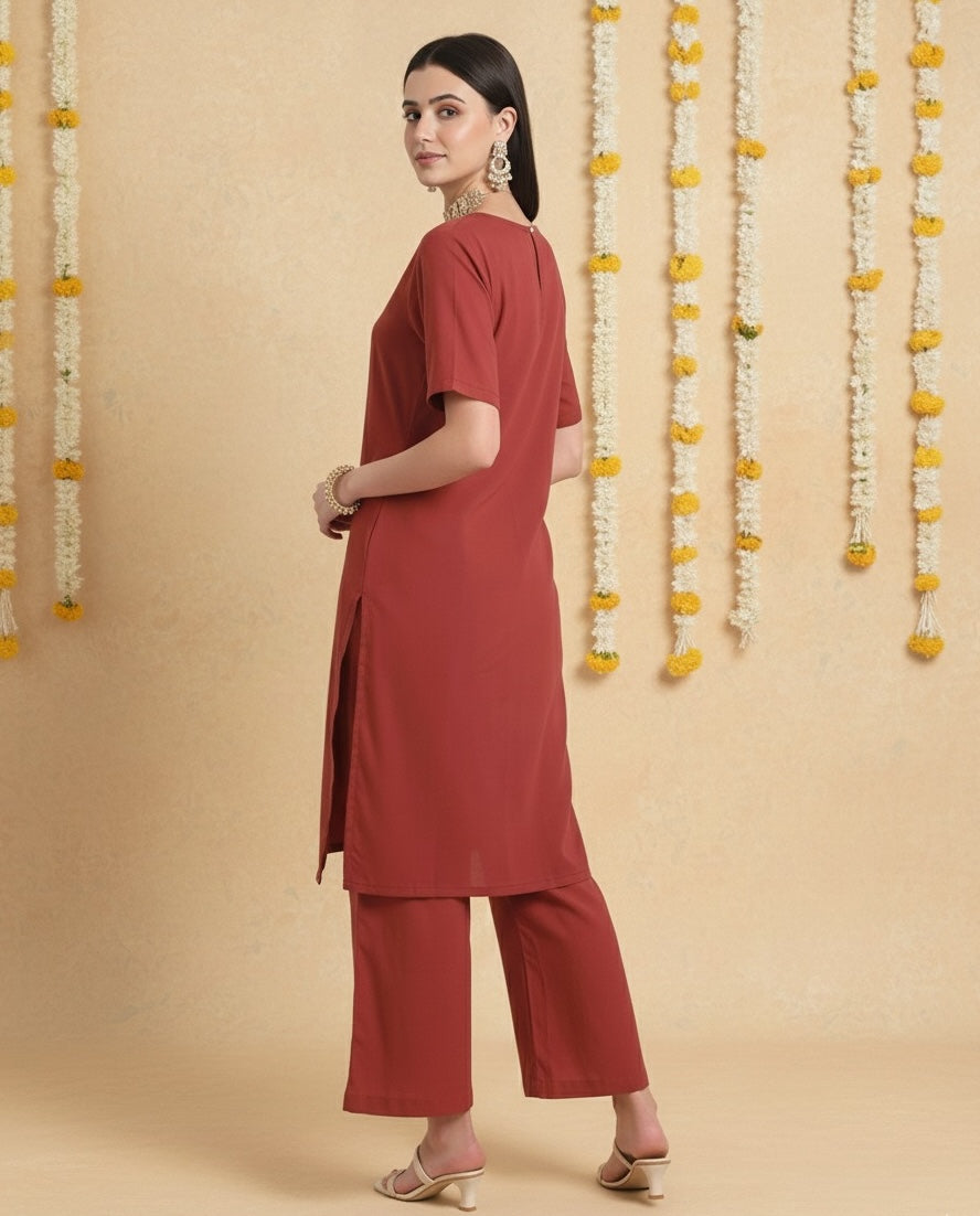 Russet Red Round Neck Long Solid Co-ord Set