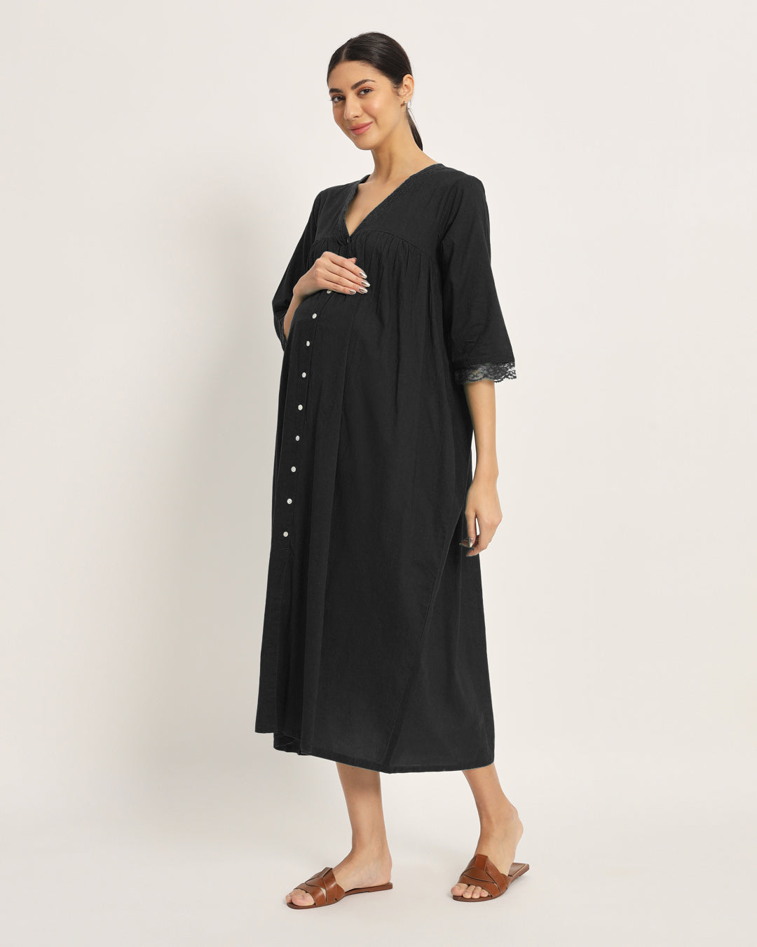 Combo: Black & Sage Green Stylish Preggo Maternity & Nursing Dress - Set of 2