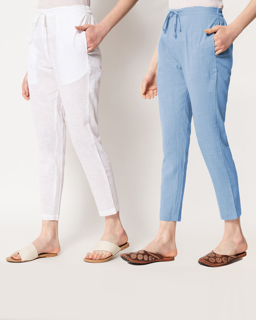 Combo: White & Blue Dawn Cigarette Pants- Set of 2