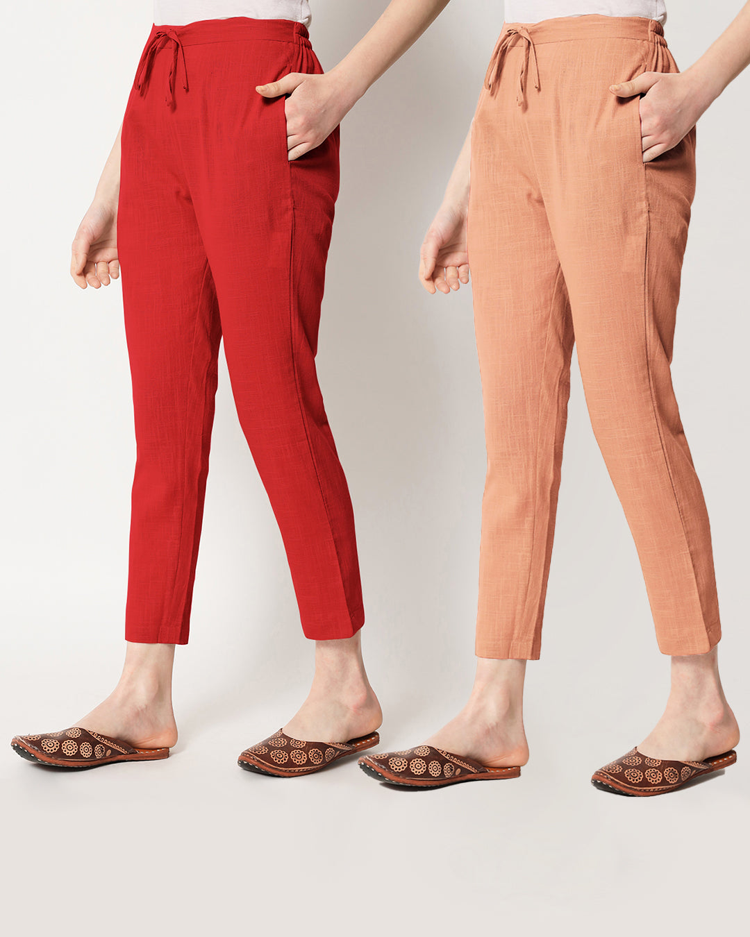 Combo: Classic Red & Blush Beige Cigarette Pants- Set of 2