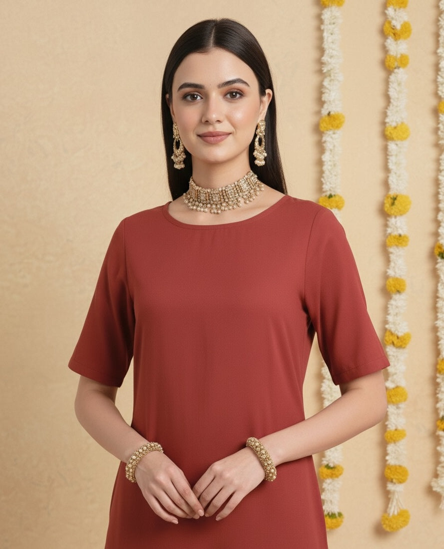 Russet Red Round Neck Long Solid Co-ord Set