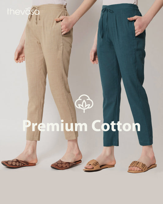 Combo: Beige & Deep Teal Cigarette Pants- Set of 2