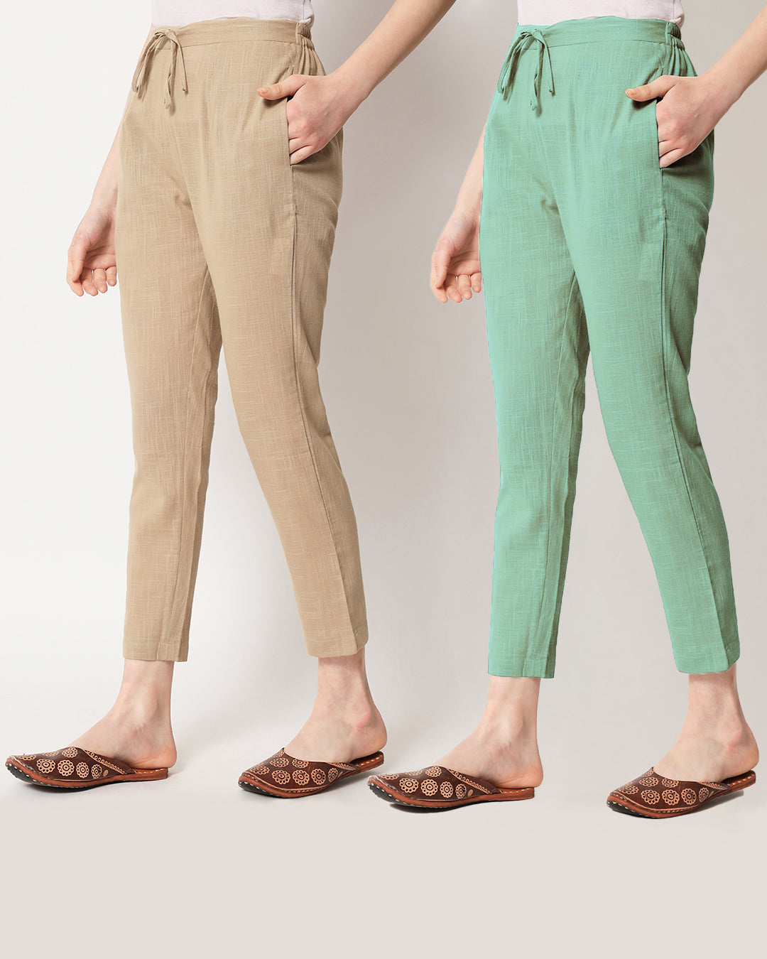 Combo: Beige & Easy Green Cigarette Pants- Set of 2