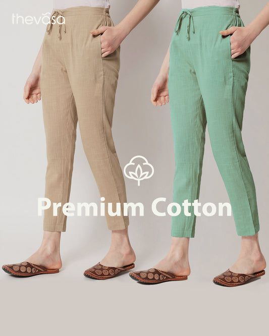 Combo: Beige & Easy Green Cigarette Pants- Set of 2