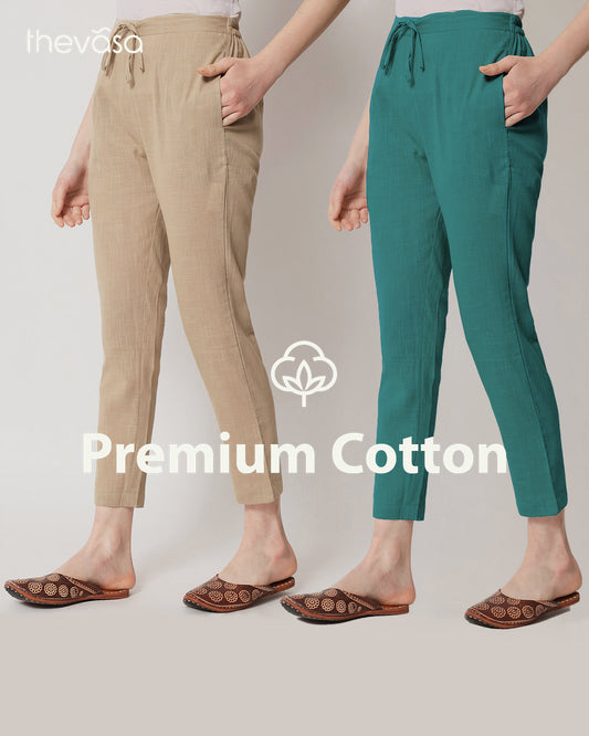 Combo: Beige & Forest Green Cigarette Pants- Set of 2