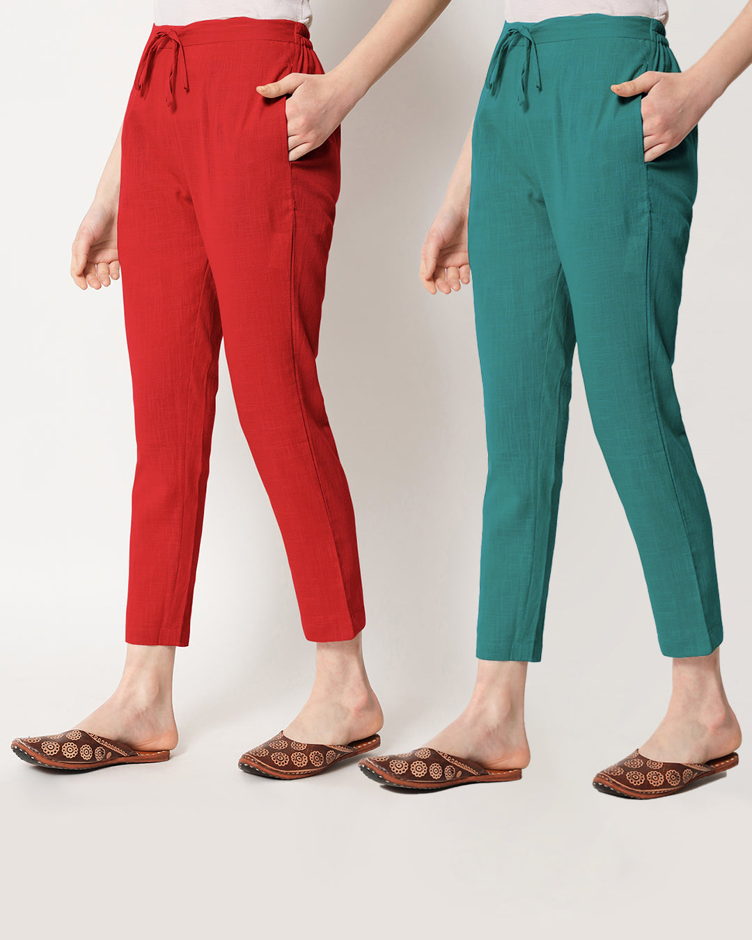 Combo: Classic Red & Forest Green Cigarette Pants- Set of 2