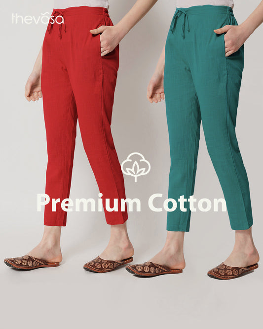 Combo: Classic Red & Forest Green Cigarette Pants- Set of 2