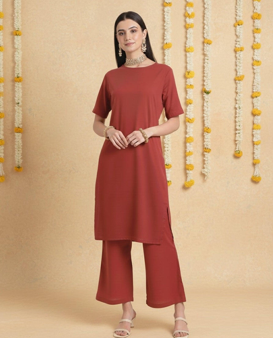 Russet Red Round Neck Long Solid Co-ord Set