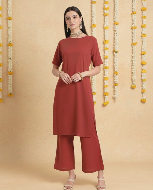 Russet Red Round Neck Long Solid Co-ord Set