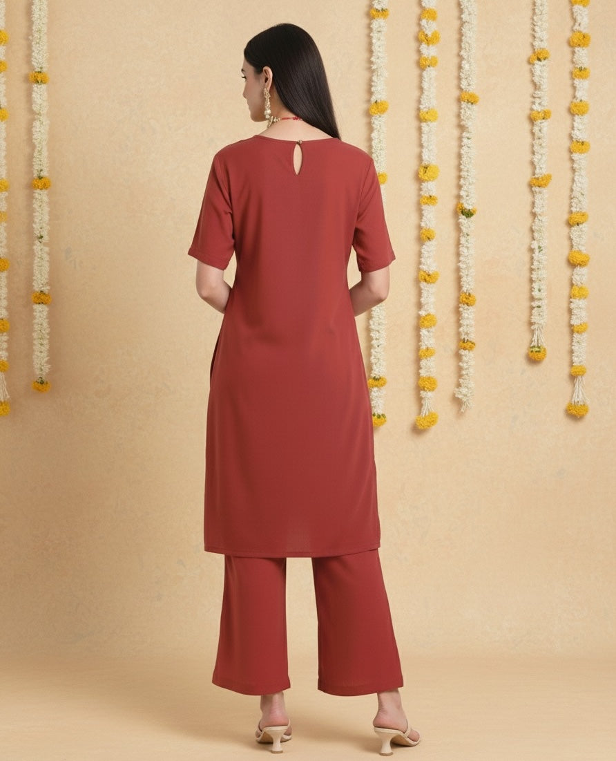 Russet Red Round Neck Long Solid Co-ord Set