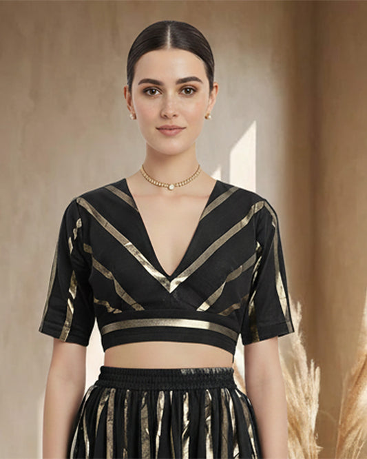 Black Glisten Gala Deep V Blouse